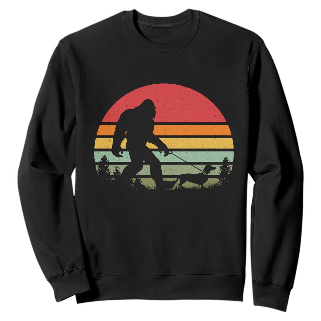 Retro Bigfoot Walking Dachshund Sweatshirt Funny Doxie Wiener Dog Walker Vintage 70s 80s TS10 Black Print Your Wear