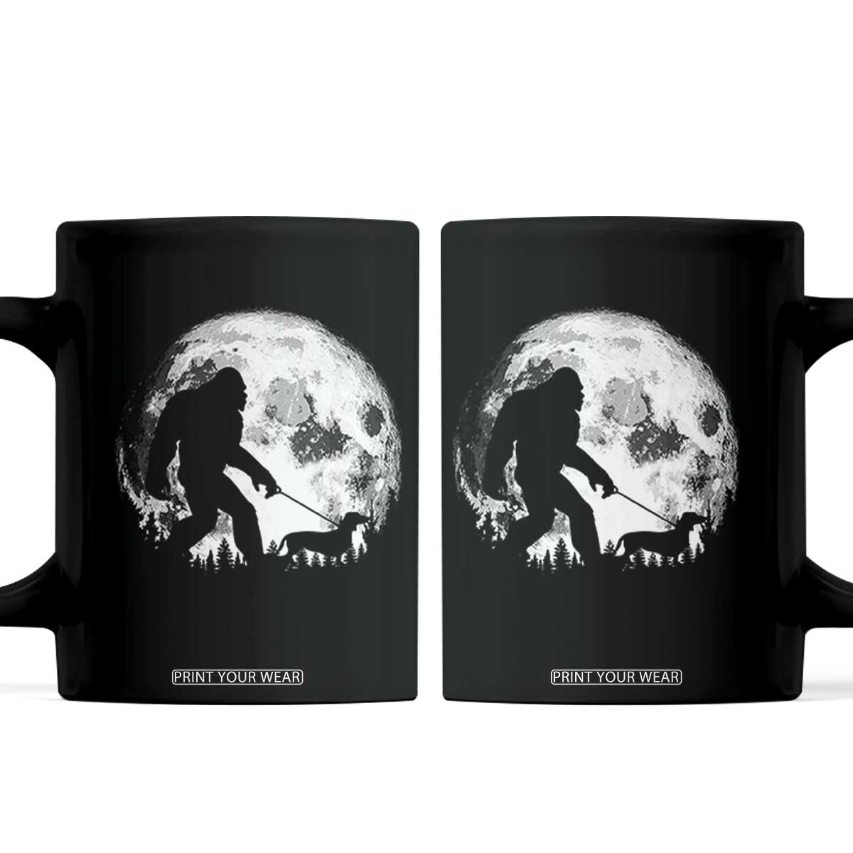 Bigfoot Walking Dachshund Coffee Mug Funny Doxie Wiener Sasquatch Night Stroll Full Moon TS10 Black Print Your Wear
