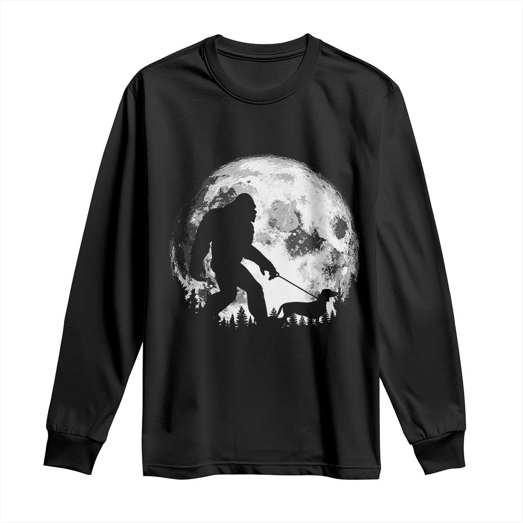 Bigfoot Walking Dachshund Long Sleeve Shirt Funny Doxie Wiener Sasquatch Night Stroll Full Moon TS10 Black Print Your Wear