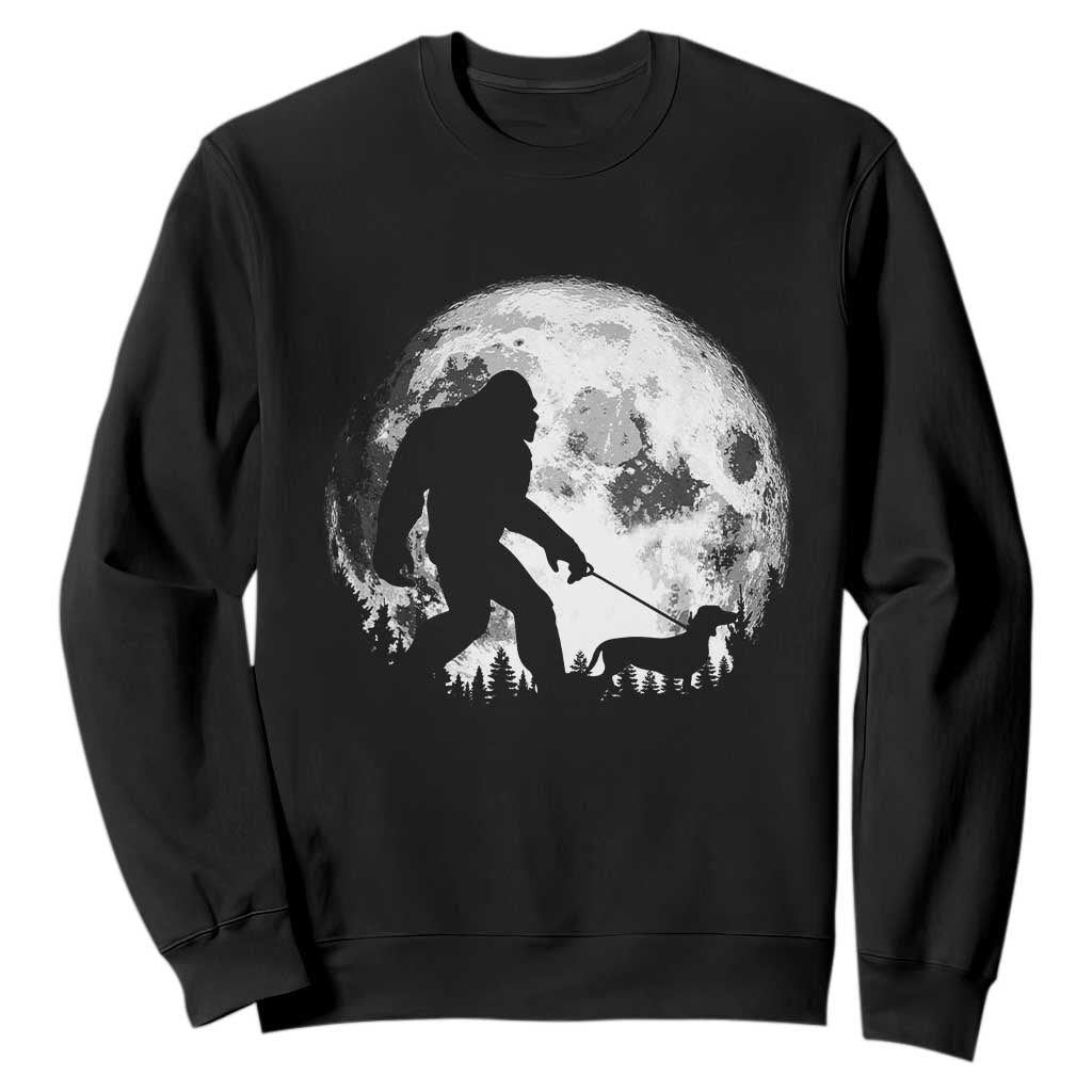 Bigfoot Walking Dachshund Sweatshirt Funny Doxie Wiener Sasquatch Night Stroll Full Moon TS10 Black Print Your Wear