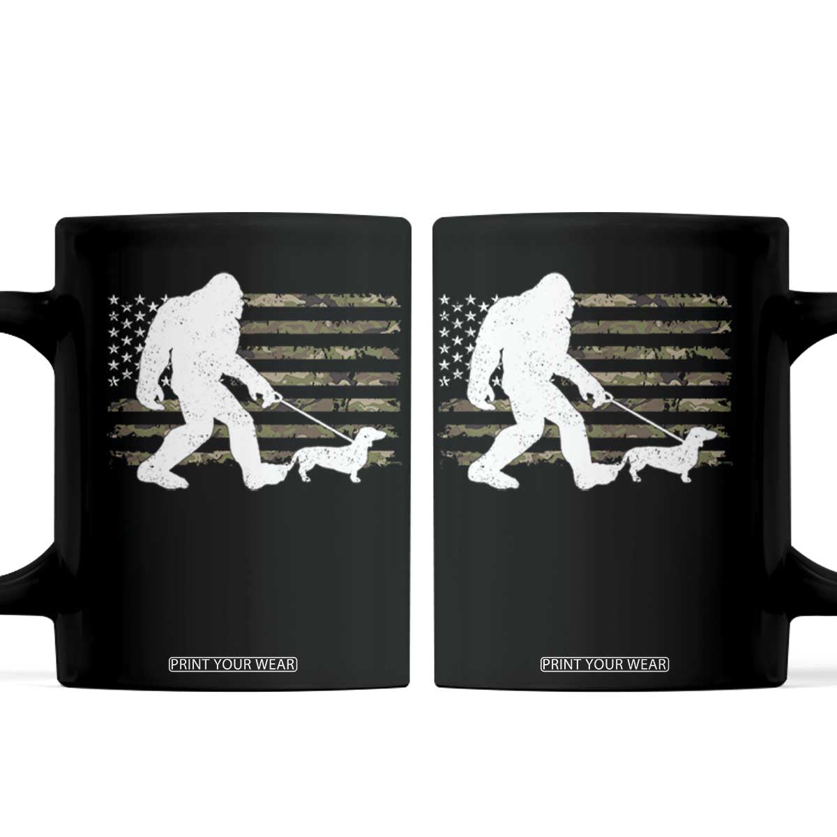 Bigfoot Walking Dachshund Coffee Mug Sasquatch Camo American Flag USA Military Patriotic TS10 Black Print Your Wear