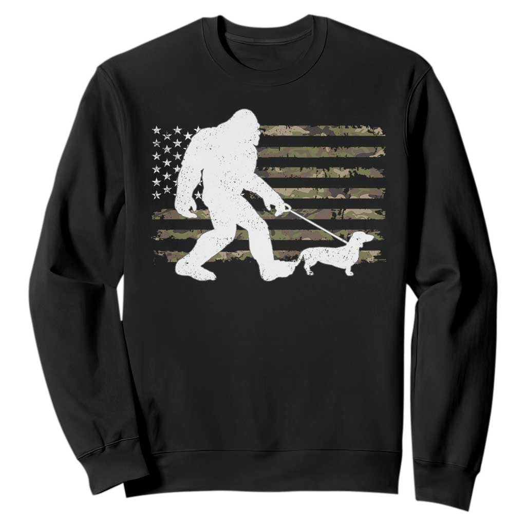 Bigfoot Walking Dachshund Sweatshirt Sasquatch Camo American Flag USA Military Patriotic TS10 Black Print Your Wear