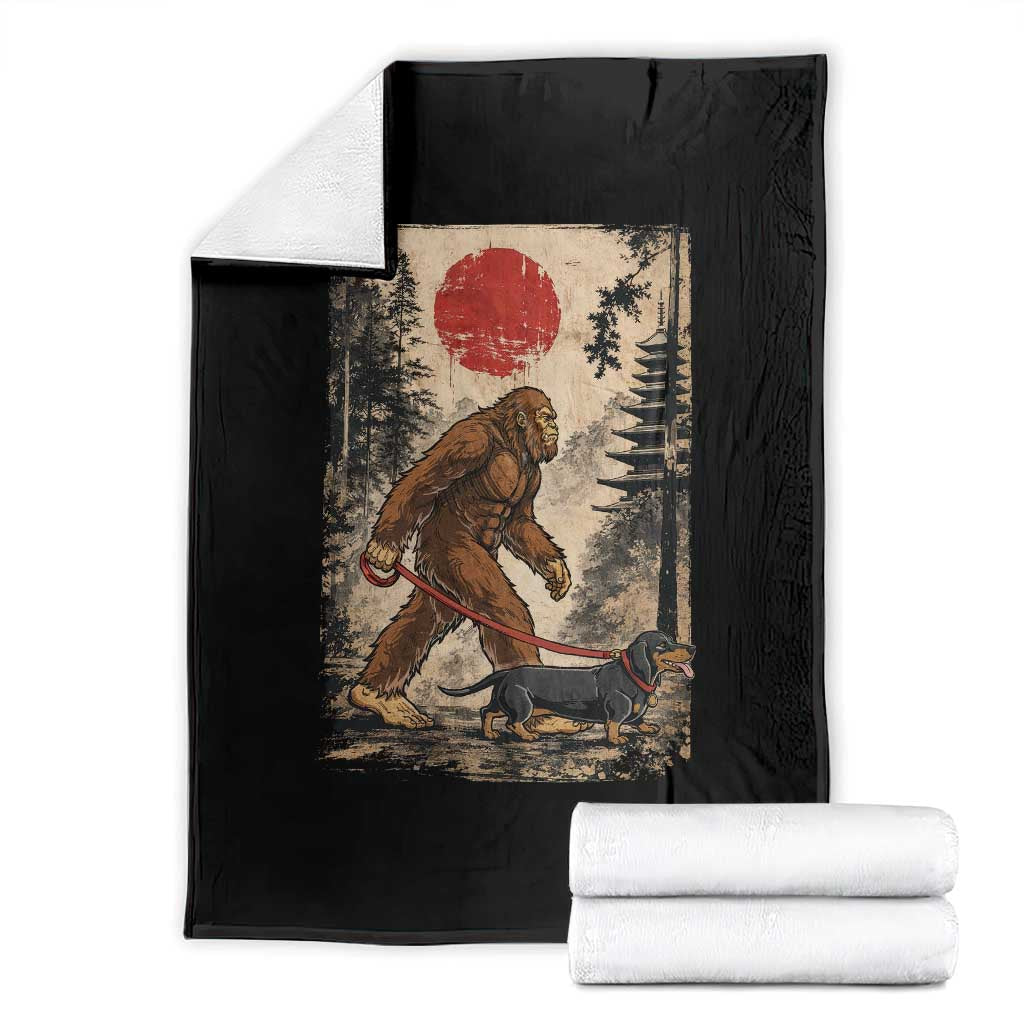 Bigfoot Dachshund Lovers Throw Blanket Japanese Vintage Graphic Ukiyo-e Art Sasquatch Wiener Dog Gift TS10 Black Print Your Wear