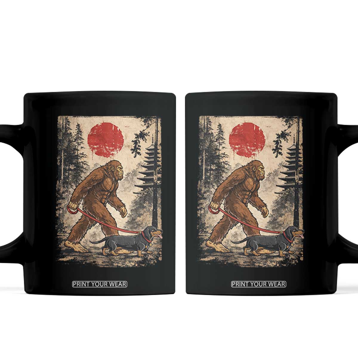 Bigfoot Dachshund Lovers Coffee Mug Japanese Vintage Graphic Ukiyo-e Art Sasquatch Wiener Dog Gift TS10 Black Print Your Wear