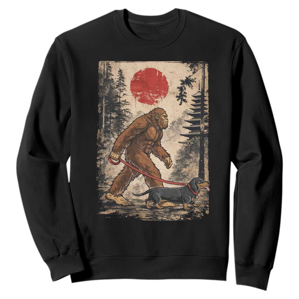 Bigfoot Dachshund Lovers Sweatshirt Japanese Vintage Graphic Ukiyo-e Art Sasquatch Wiener Dog Gift TS10 Black Print Your Wear