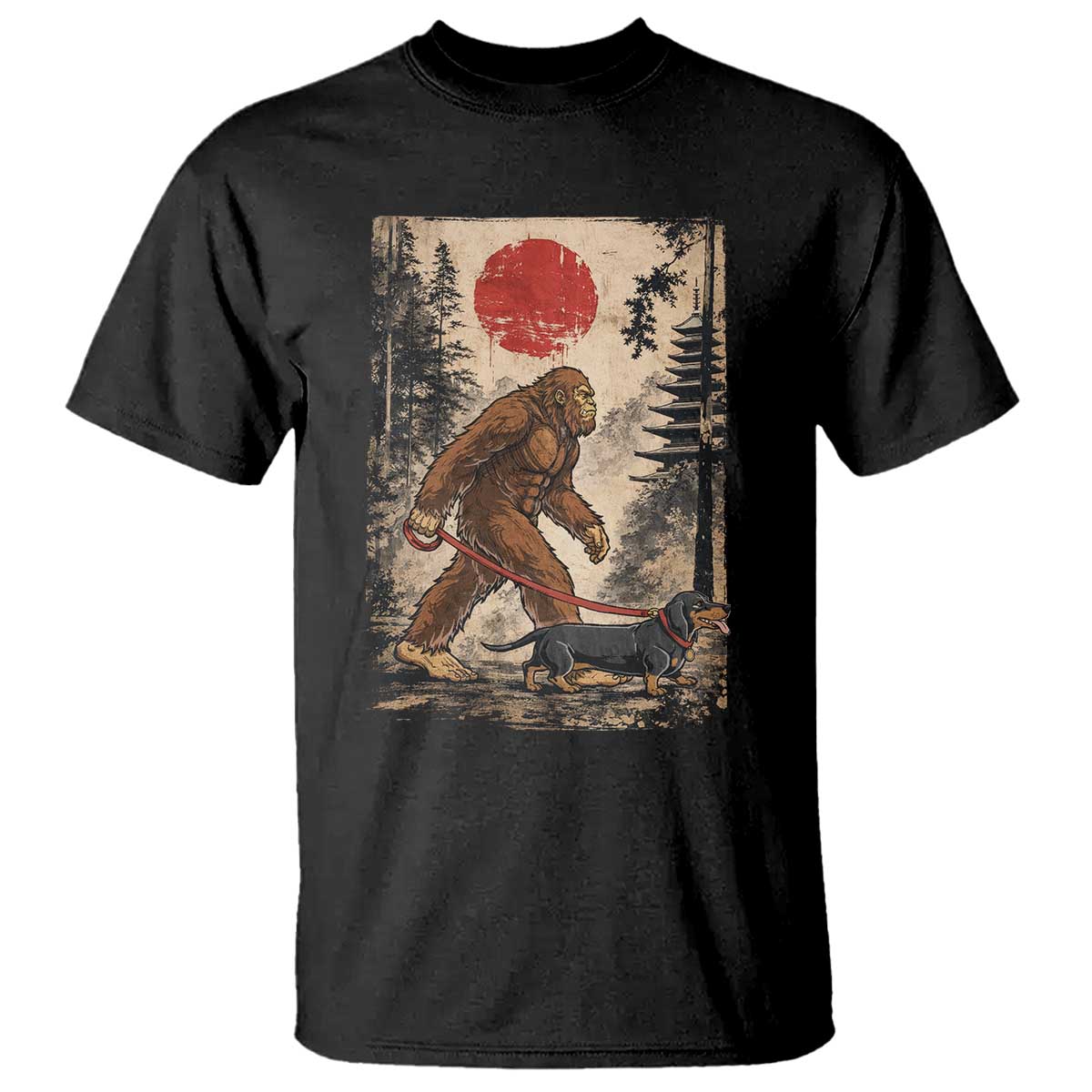 Bigfoot Dachshund Lovers T Shirt Japanese Vintage Graphic Ukiyo-e Art Sasquatch Wiener Dog Gift TS10 Black Print Your Wear