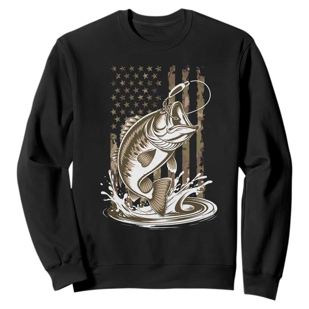 Fishing Camo Sweatshirt Bass Fish American Flag Boy Men Fisherman Gift TS10 Black Print Your Wear
