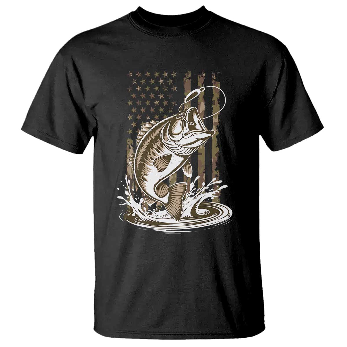 Fishing Camo T Shirt - Bass Fish American Flag Boy Men Fisherman Gift Patriotic Tee TS10 Black Print Your Wear