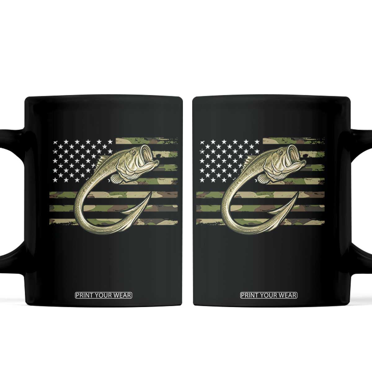 Camo Fish Hook Fishing Coffee Mug Patriotic US Flag Fisherman Camouflage Bass Fishing TS10 Black Print Your Wear