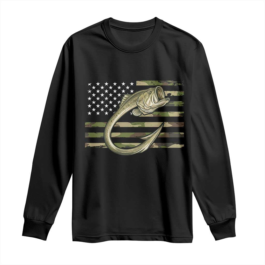 Camo Fish Hook Fishing Long Sleeve Shirt Patriotic US Flag Fisherman Camouflage Bass Fishing TS10 Black Print Your Wear