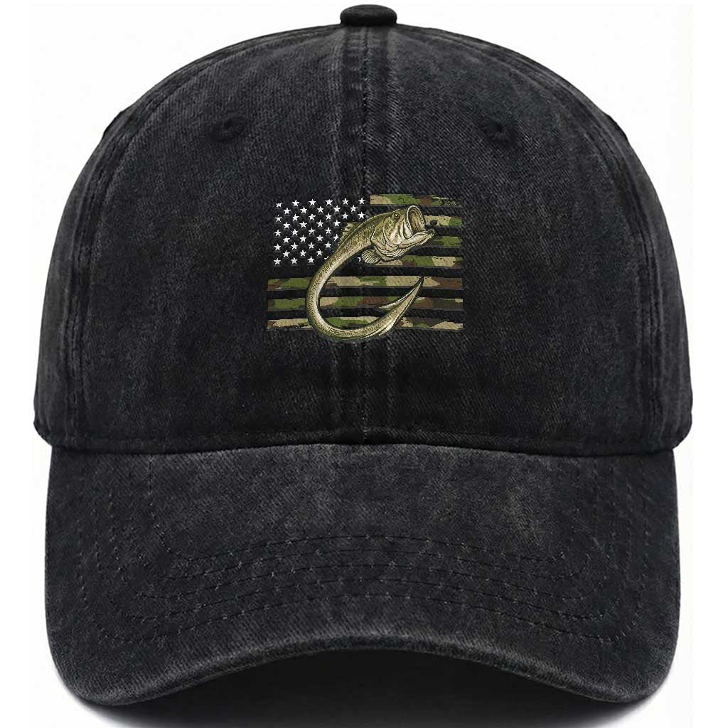 Camo Fish Hook Fishing Washed Cotton Baseball Cap Patriotic US Flag Fisherman Camouflage Bass Fishing TS10 Washed Cap Universal Fit Black Print Your Wear