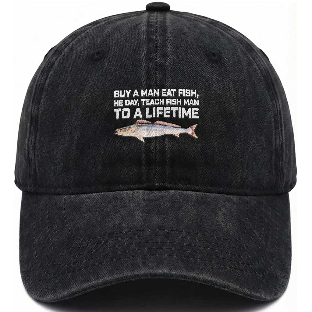 Funny Fishing Meme Washed Cotton Baseball Cap Buy A Man Eat Fish Inappropriate TS10 Print Your Wear