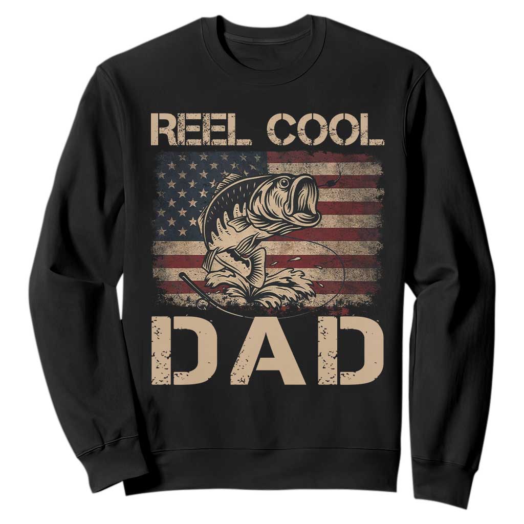 Reel Cool Dad Sweatshirt Funny Fishing USA Flag Patriotic Fisherman Fathers Day TS10 Black Print Your Wear