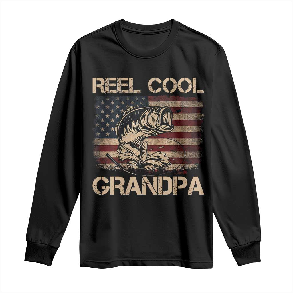 Reel Cool Grandpa Long Sleeve Shirt Funny Fishing USA Flag Patriotic Fisherman Fathers Day TS10 Black Print Your Wear