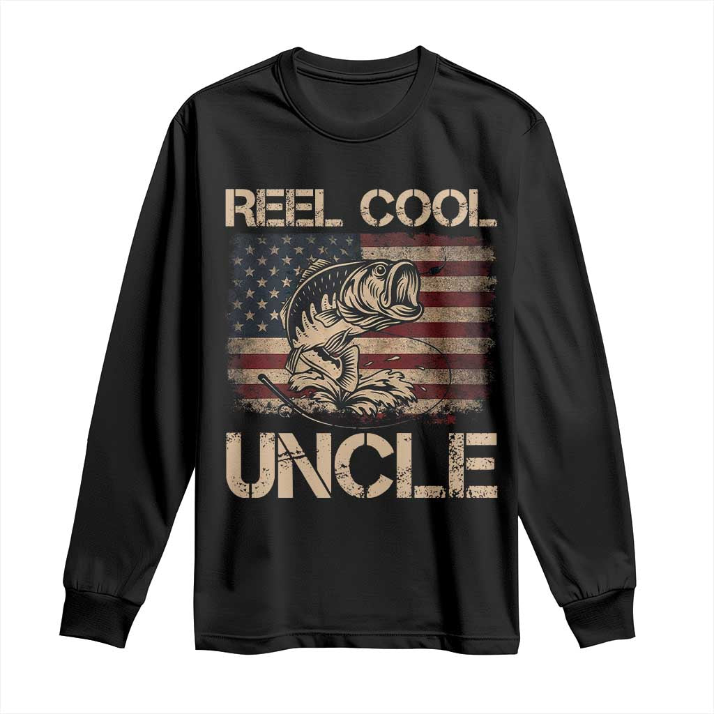 Reel Cool Uncle Long Sleeve Shirt Funny Fishing USA Flag Patriotic Fisherman Fathers Day TS10 Black Print Your Wear