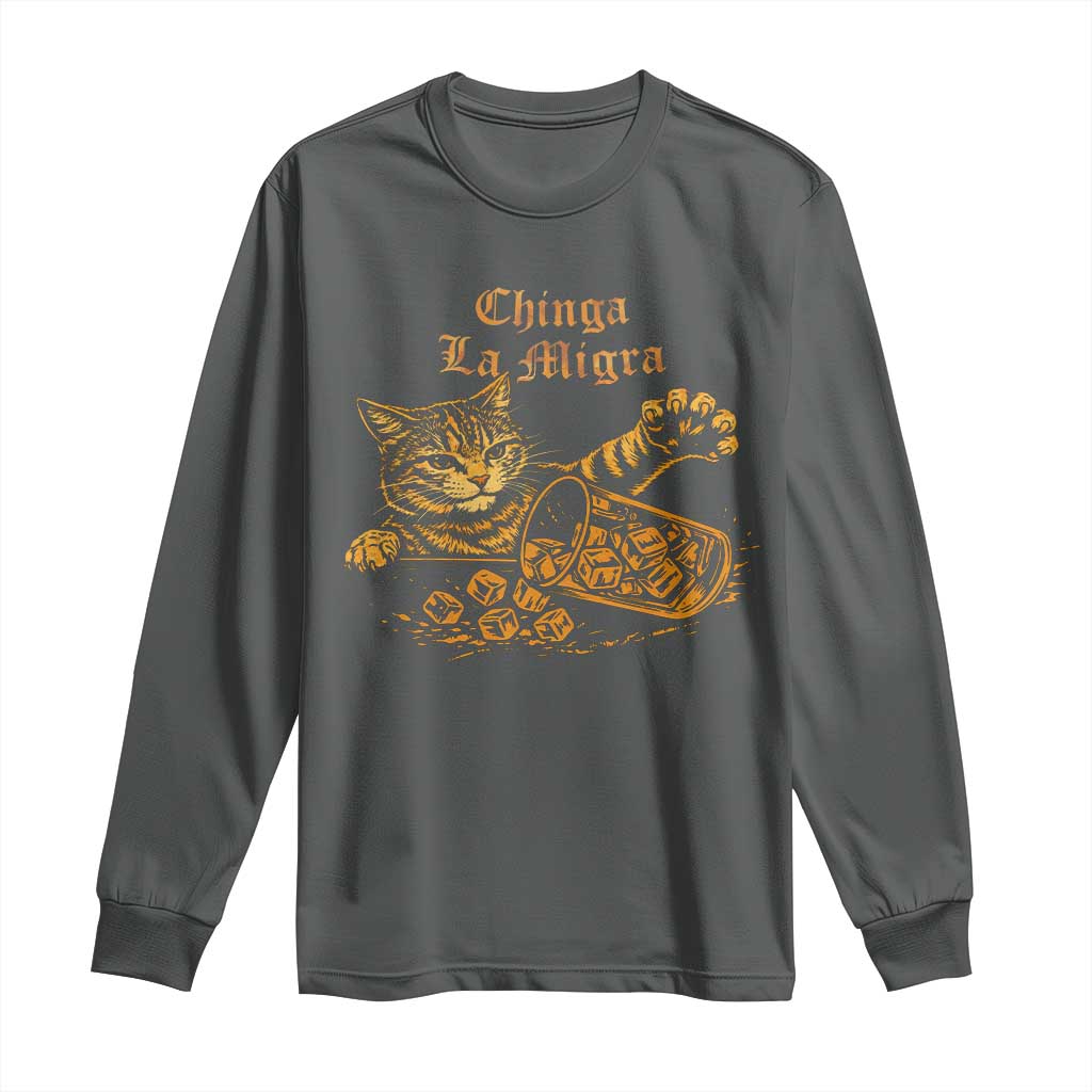 Chinga La Migra Long Sleeve Shirt Retro Protest Subtle FDT Cat Meme TS10 Dark Heather Print Your Wear