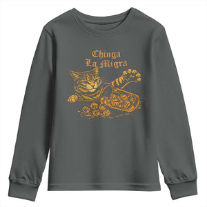 Chinga La Migra Youth Sweatshirt Retro Protest Subtle FDT Cat Meme TS10 Dark Heather Print Your Wear