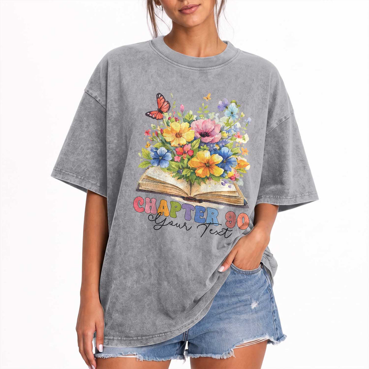 Personalized 90th Birthday Gift For Women Washed Cotton T-Shirt Custom Name Chapter 90 Flowers Book