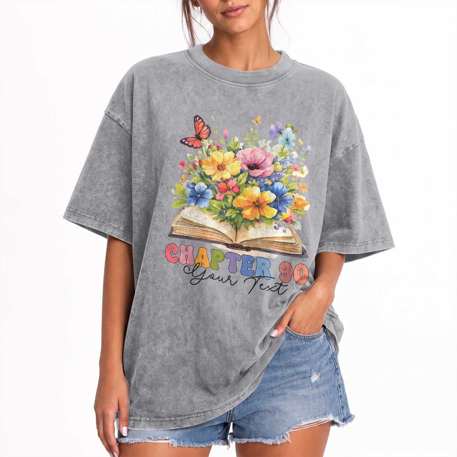Personalized 90th Birthday Gift For Women Washed Cotton T-Shirt Custom Name Chapter 90 Flowers Book