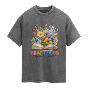 Personalized 90th Birthday Gift For Women Washed Cotton T-Shirt Custom Name Chapter 90 Flowers Book