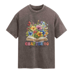 Personalized 90th Birthday Gift For Women Washed Cotton T-Shirt Custom Name Chapter 90 Flowers Book
