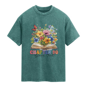 Personalized 90th Birthday Gift For Women Washed Cotton T-Shirt Custom Name Chapter 90 Flowers Book