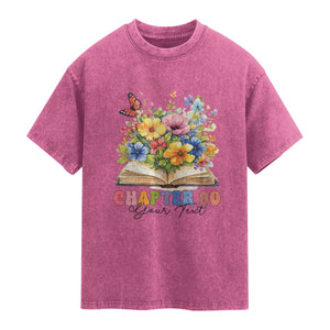 Personalized 90th Birthday Gift For Women Washed Cotton T-Shirt Custom Name Chapter 90 Flowers Book