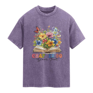 Personalized 90th Birthday Gift For Women Washed Cotton T-Shirt Custom Name Chapter 90 Flowers Book