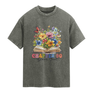 Personalized 90th Birthday Gift For Women Washed Cotton T-Shirt Custom Name Chapter 90 Flowers Book