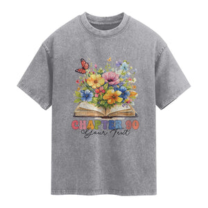 Personalized 90th Birthday Gift For Women Washed Cotton T-Shirt Custom Name Chapter 90 Flowers Book