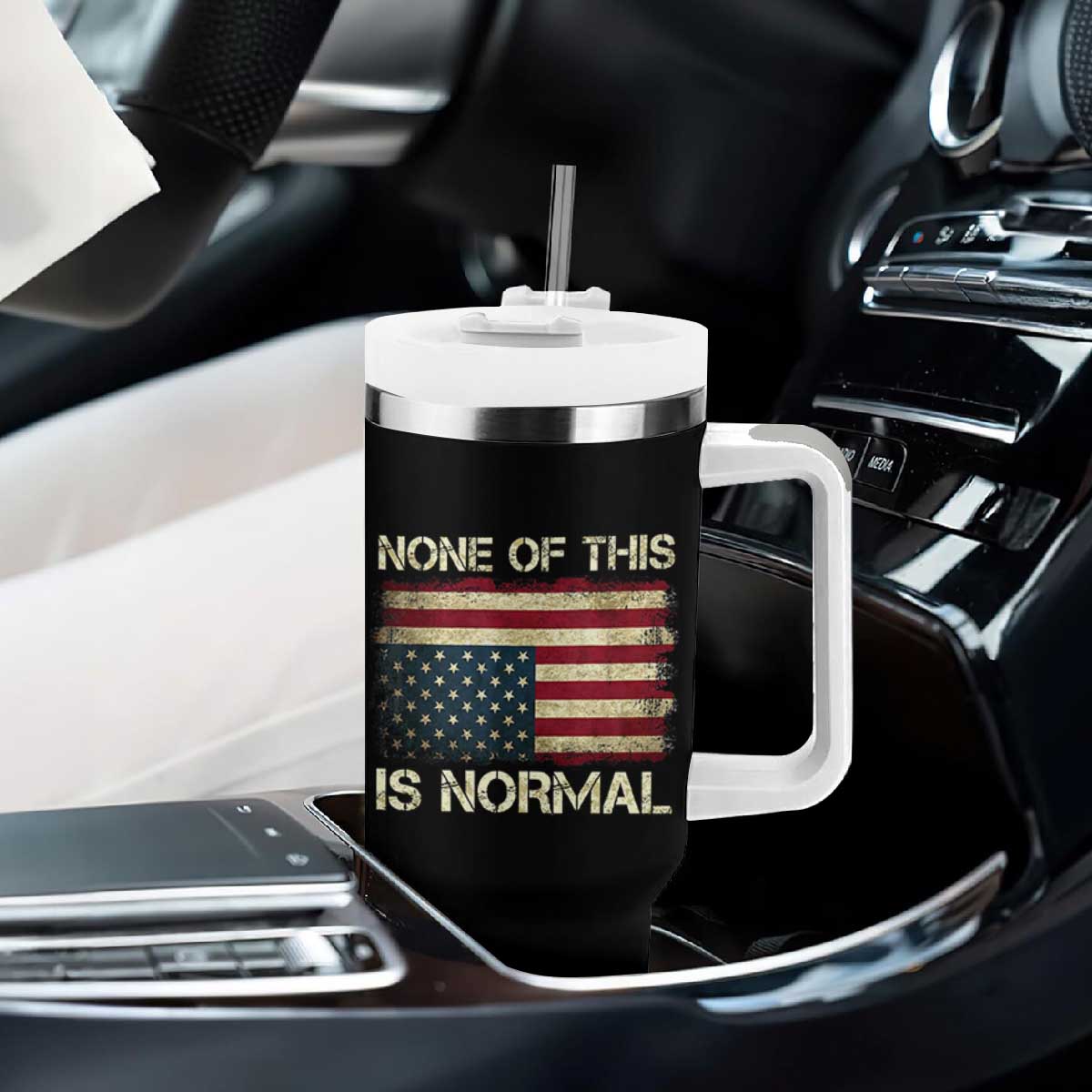 None of This Is Normal Tumbler With Handle Retro Upside Down American Flag TS10 Print Your Wear