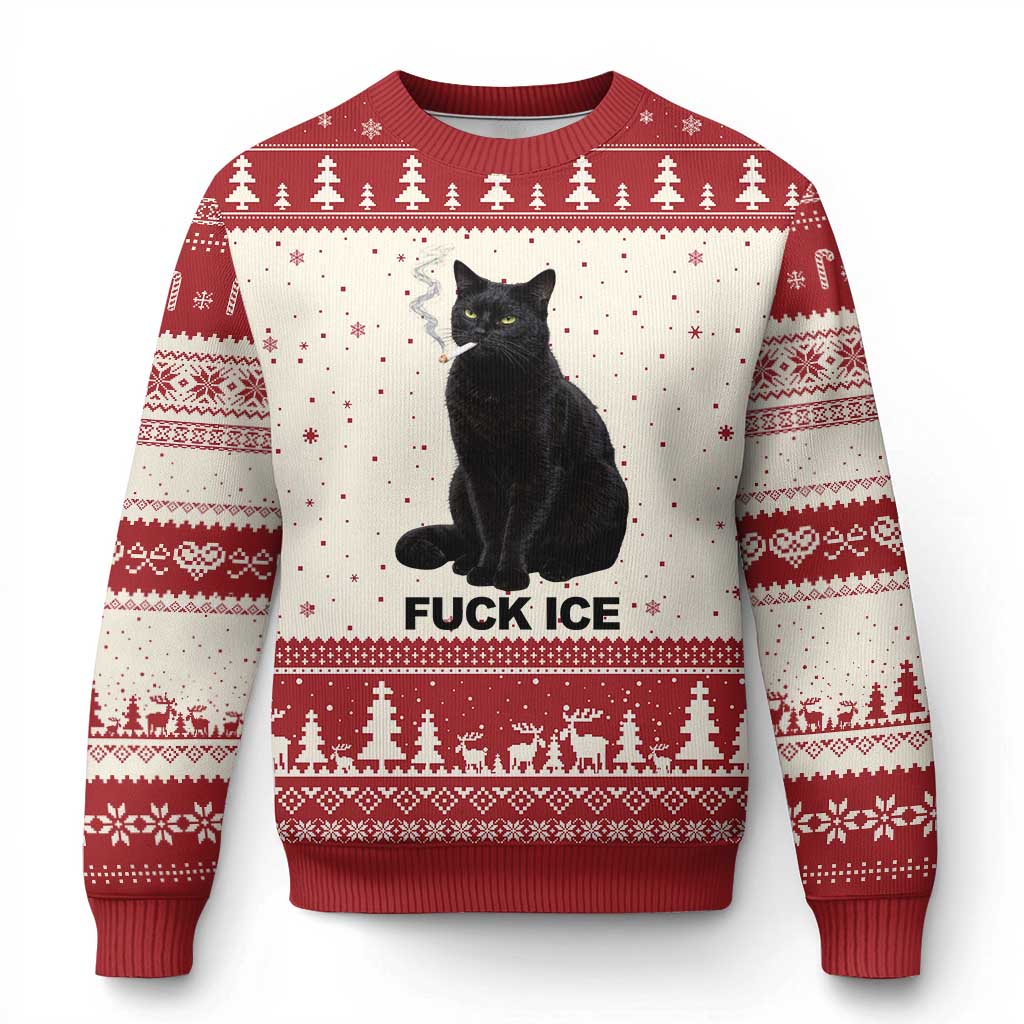 Fck Ice Smoking Cat Ugly Christmas Sweater Subtle FDT Black Cat Meme TS10 Beige Red Print Your Wear