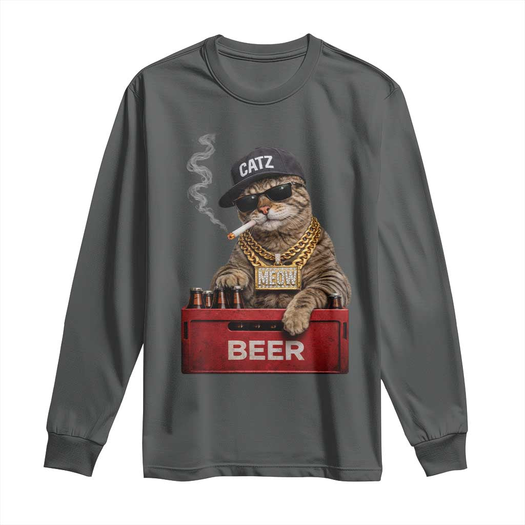 Funny Smoking Cat Meme Long Sleeve Shirt Vintage Graphic Cigarette Kitty Beer Cat Lover TS10 Dark Heather Print Your Wear