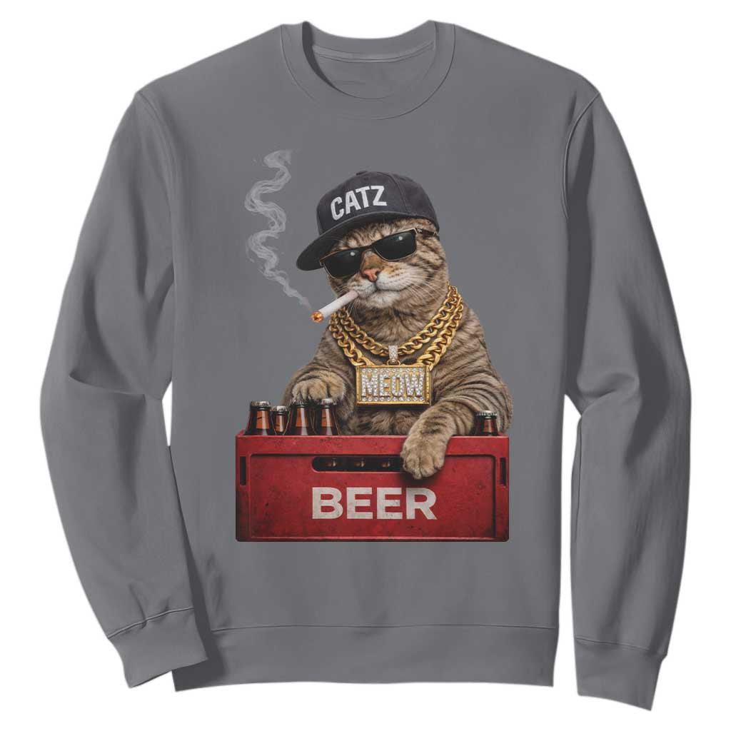 Funny Smoking Cat Meme Sweatshirt Vintage Graphic Cigarette Kitty Beer Cat Lover TS10 Charcoal Print Your Wear