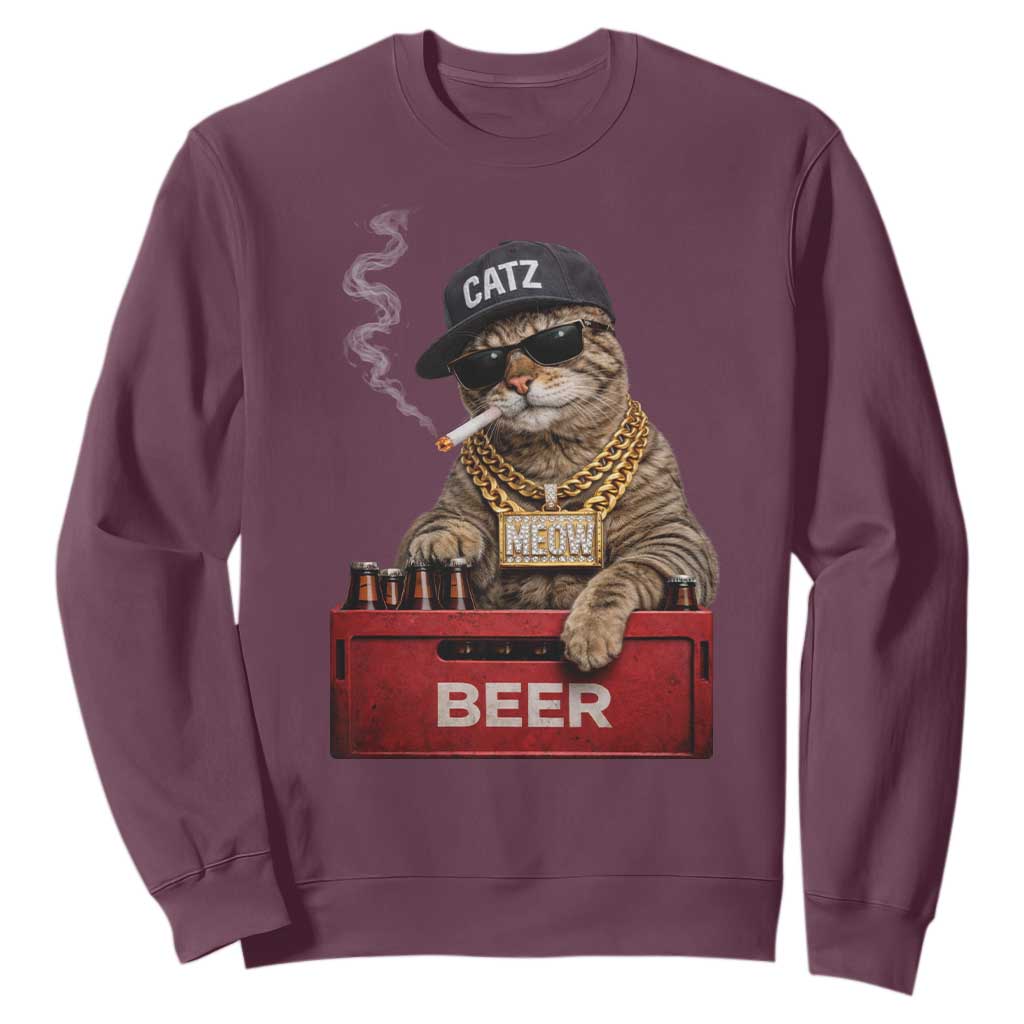 Funny Smoking Cat Meme Sweatshirt Vintage Graphic Cigarette Kitty Beer Cat Lover TS10 Maroon Print Your Wear