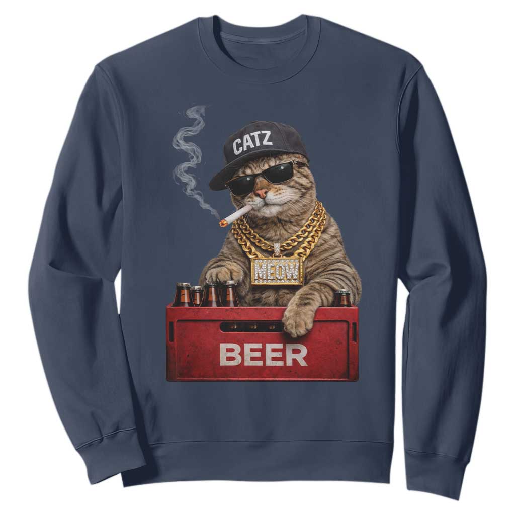 Funny Smoking Cat Meme Sweatshirt Vintage Graphic Cigarette Kitty Beer Cat Lover TS10 Navy Print Your Wear