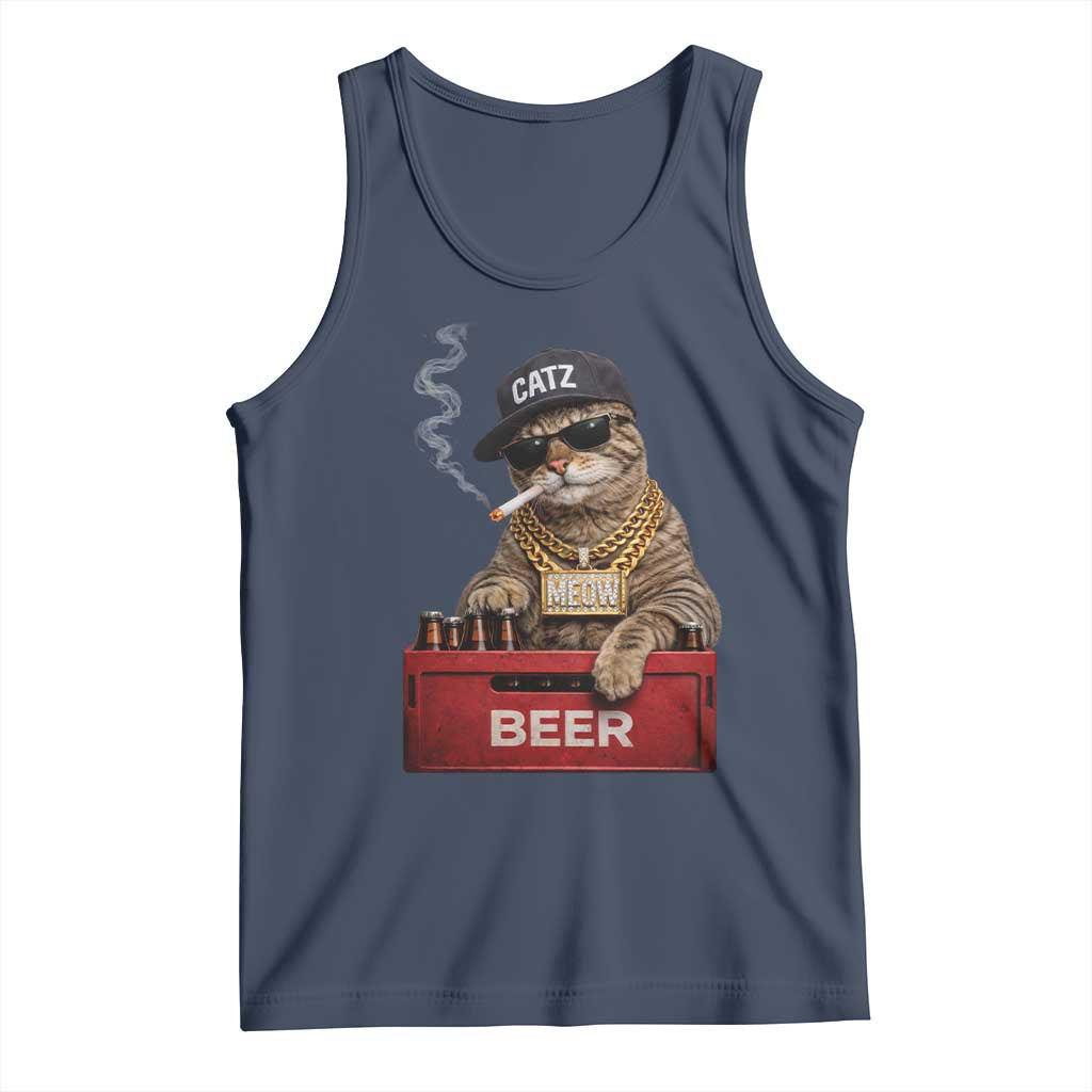 Funny Smoking Cat Meme Tank Top Vintage Graphic Cigarette Kitty Beer Cat Lover TS10 Navy Print Your Wear