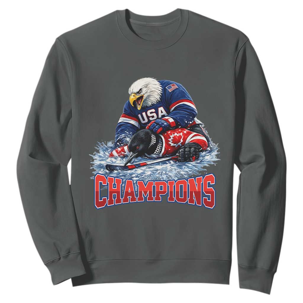 USA Ice Hockey Sweatshirt Eagle Dominates Canada 2026 Hockey Champions TS10 Dark Heather Print Your Wear