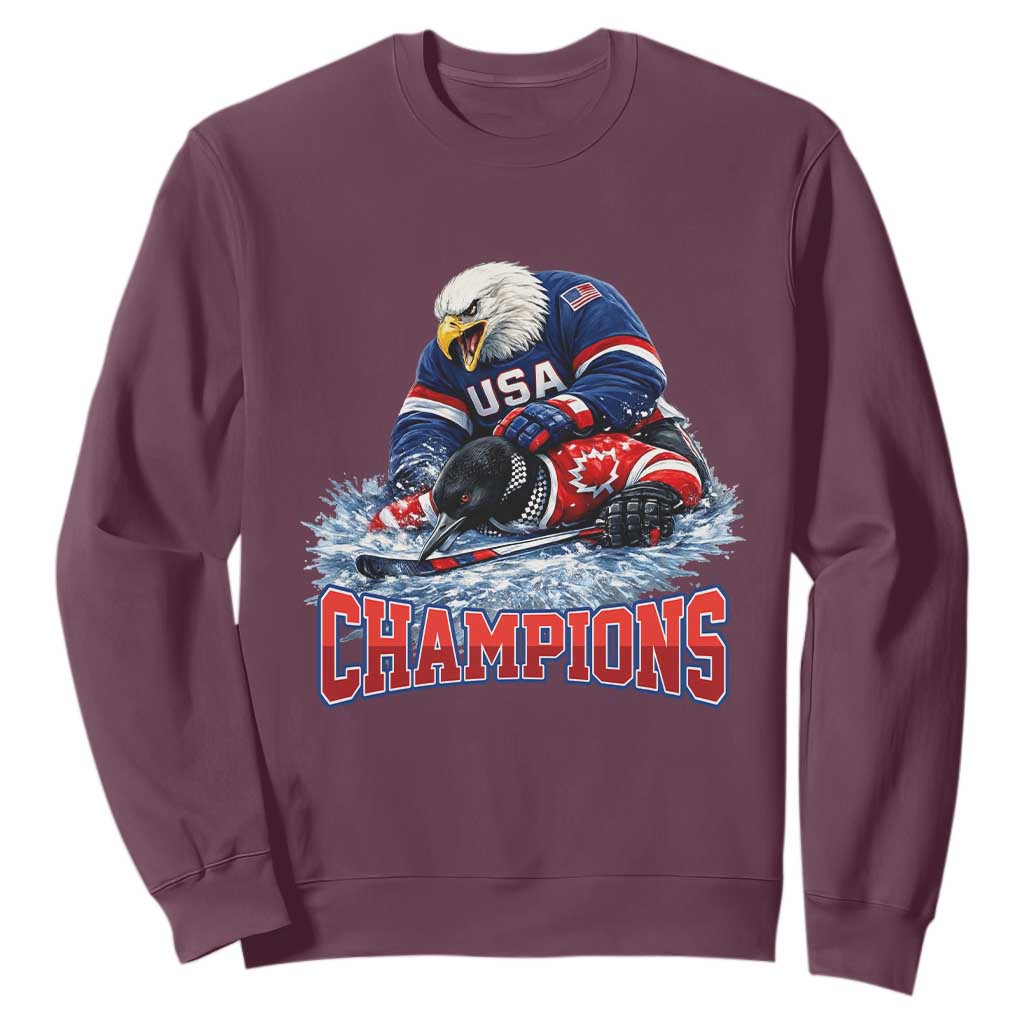 USA Ice Hockey Sweatshirt Eagle Dominates Canada 2026 Hockey Champions TS10 Maroon Print Your Wear