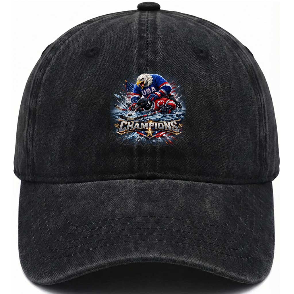 USA Ice Hockey Washed Cotton Baseball Cap Eagle Dominates Canada 2026 Hockey Champions Graphic TS10 Washed Cap Universal Fit Black Print Your Wear