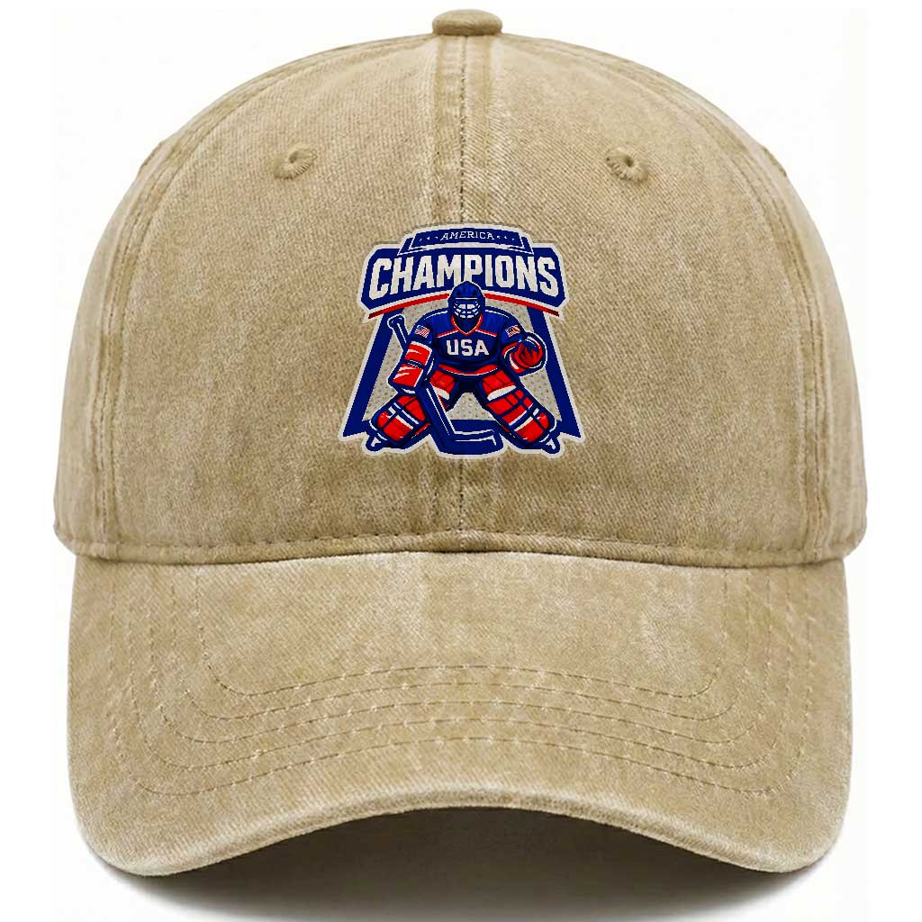 USA Ice Hockey Washed Cotton Baseball Cap America Champions Patriotic Ice Hockey Team Fan TS10 Washed Cap Universal Fit Khaki Print Your Wear