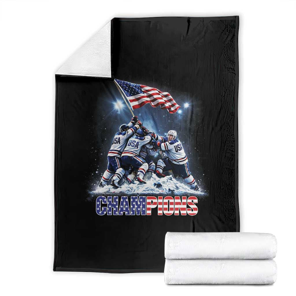 USA Ice Hockey Throw Blanket Hockey Champions 2026 USA Players Raising Flag On Ice TS10 Black Print Your Wear