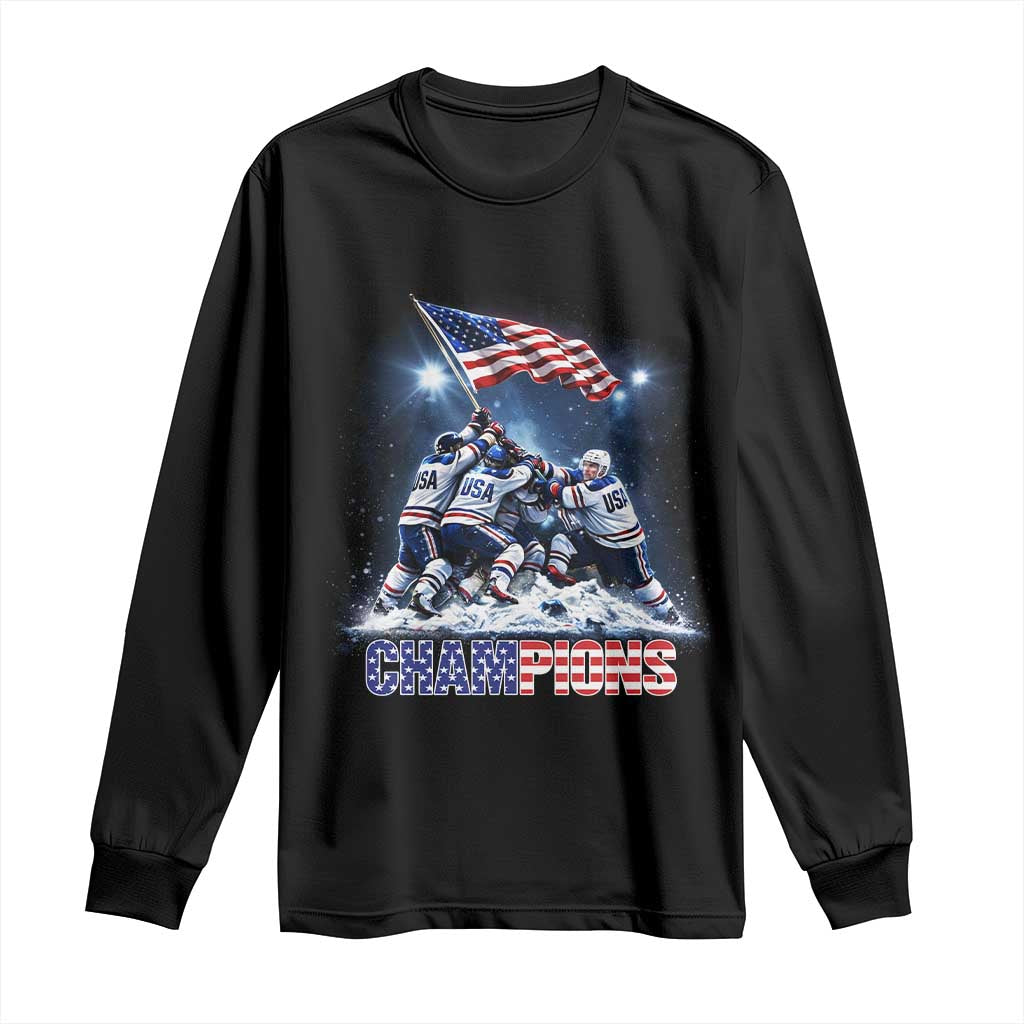 USA Ice Hockey Long Sleeve Shirt Hockey Champions 2026 USA Players Raising Flag On Ice TS10 Black Print Your Wear