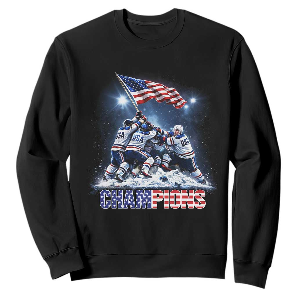 USA Ice Hockey Sweatshirt Hockey Champions 2026 USA Players Raising Flag On Ice TS10 Black Print Your Wear