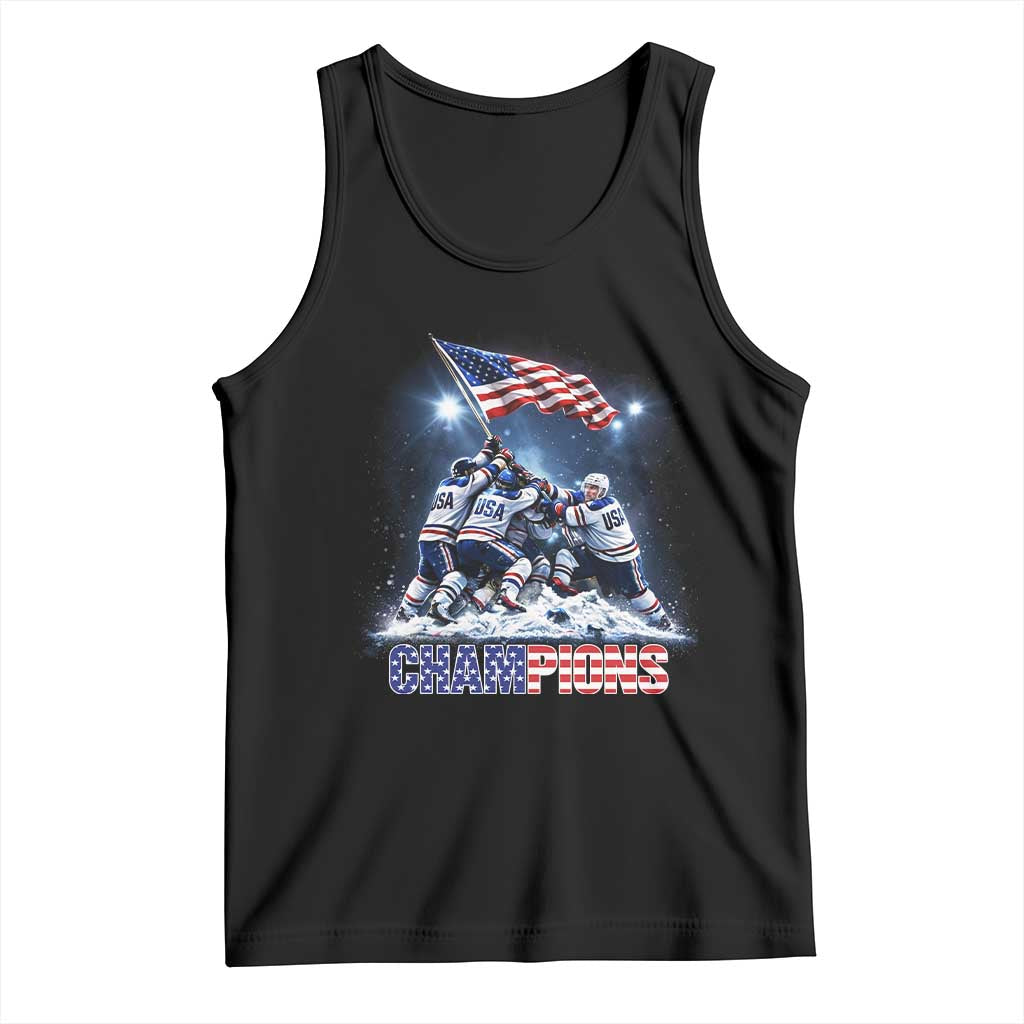 USA Ice Hockey Tank Top Hockey Champions 2026 USA Players Raising Flag On Ice TS10 Black Print Your Wear