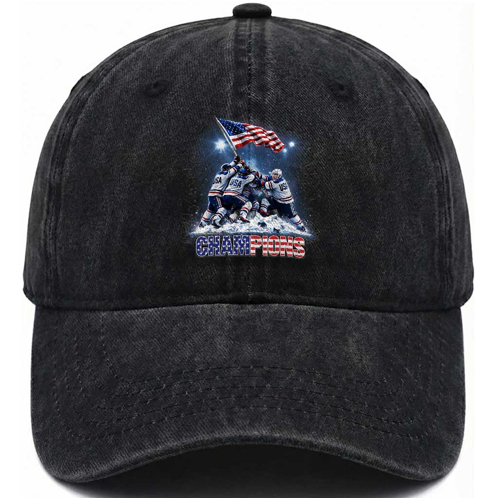 USA Ice Hockey Washed Cotton Baseball Cap Hockey Champions 2026 USA Players Raising Flag On Ice TS10 Washed Cap Universal Fit Black Print Your Wear