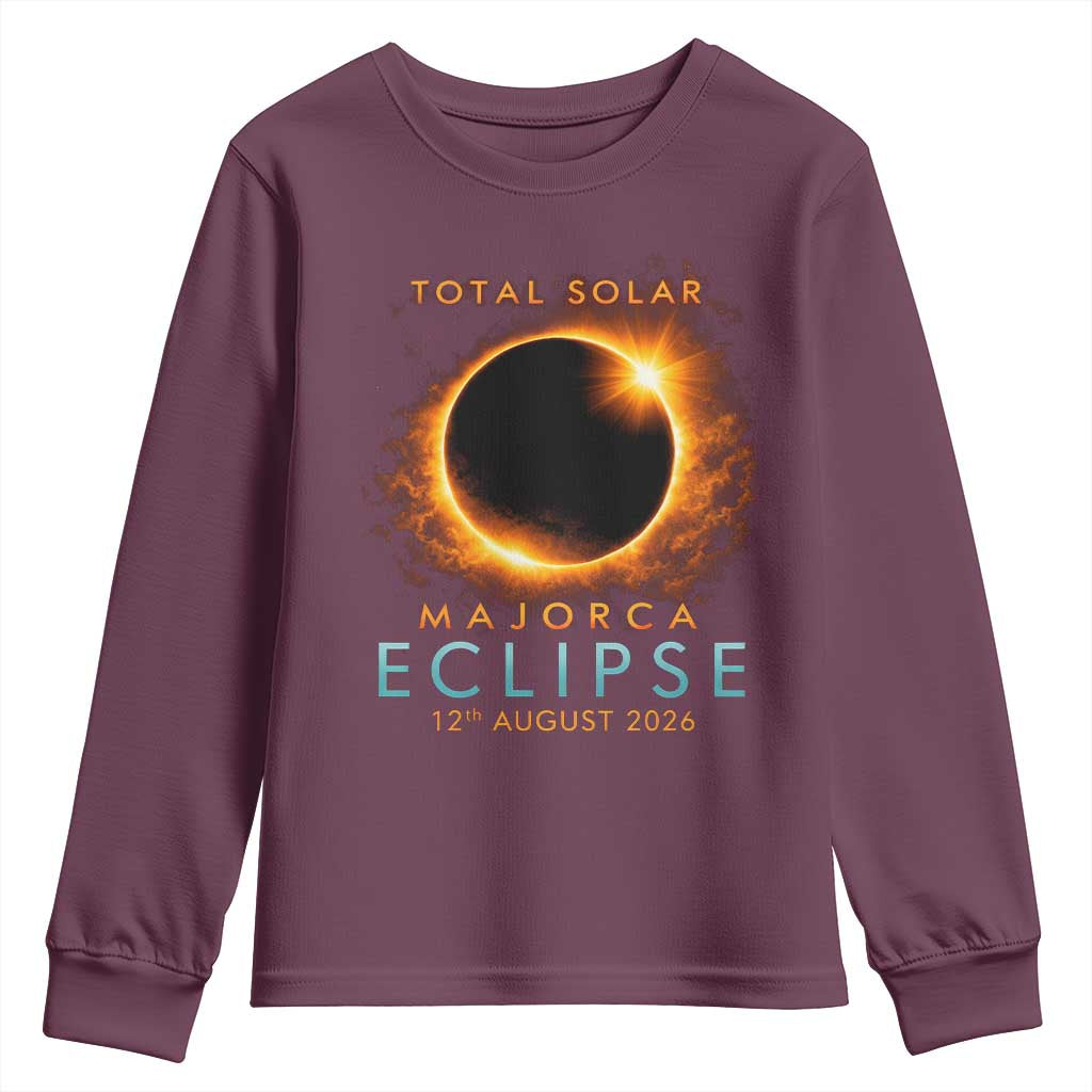 Total Solar Eclipse Youth Sweatshirt 12th August 2026 Majorca Totality TS10 Maroon Print Your Wear