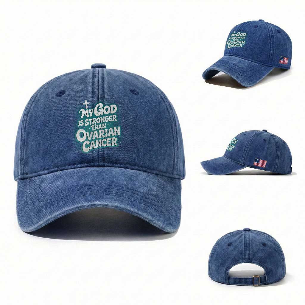My God is Stronger Than Ovarian Cancer Washed Cotton Baseball Cap TS10 Washed Cap Universal Fit Royal Blue Print Your Wear