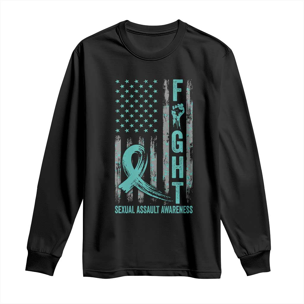 Sexual Assault Awareness Long Sleeve Shirt Fight Cancer American Flag Teal Ribbon TS10 Black Print Your Wear