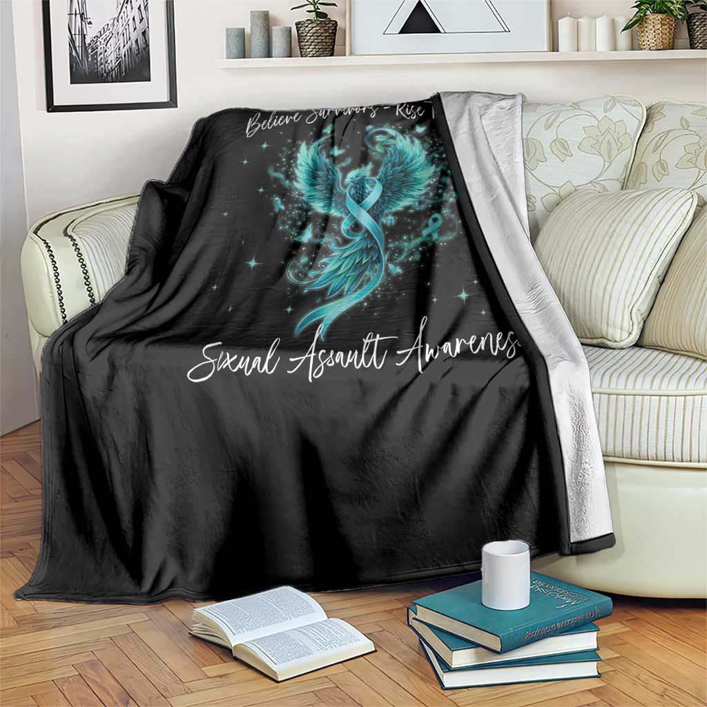 Sexual Assault Awareness Throw Blanket Phoenix Bird Reborn Rising Born Again Firebird Teal Ribbon TS10 Print Your Wear